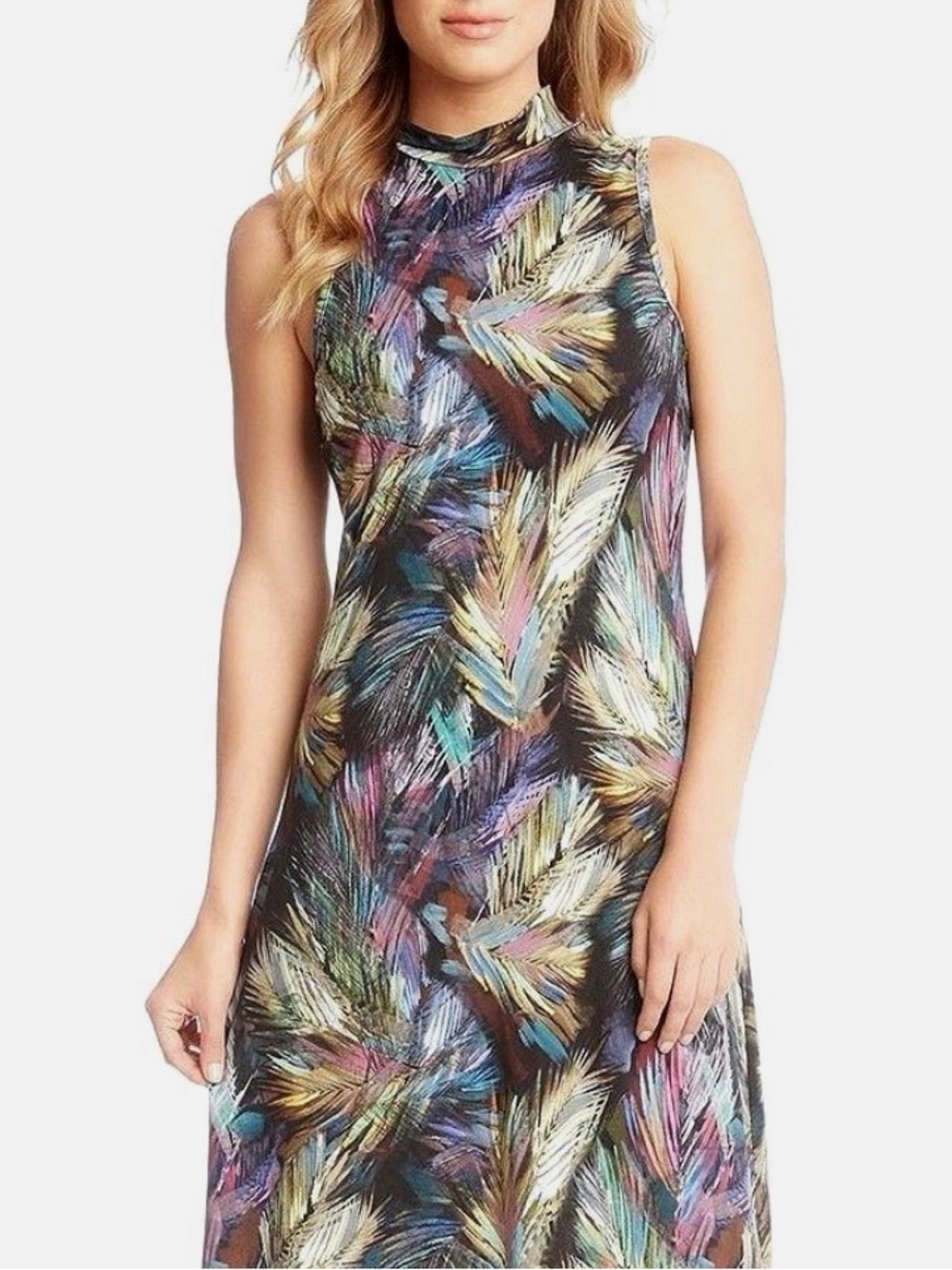 Karen Kane Multicolor Feather-Print Mock Neck Mini Dress